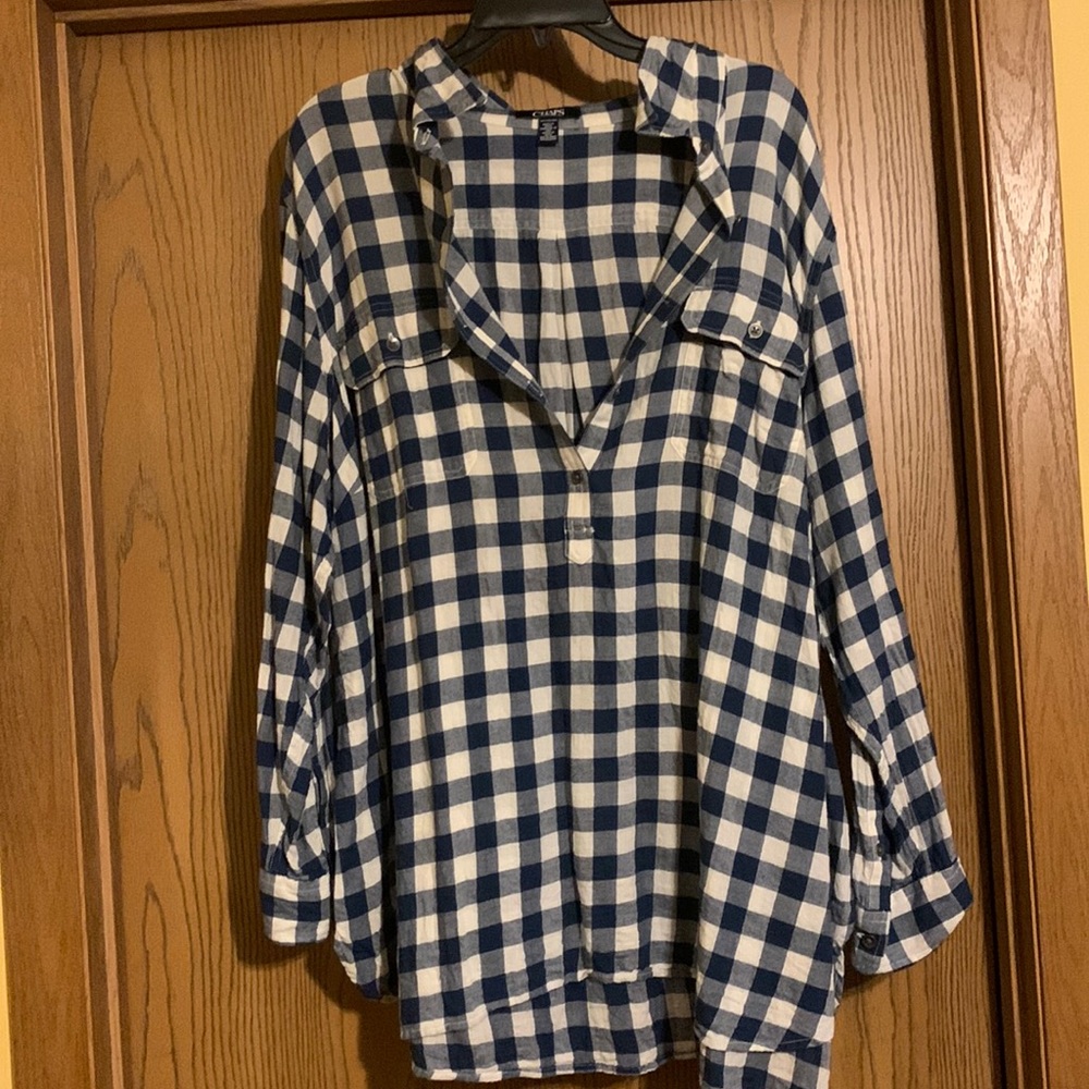 Chaps Blue and White Plaid Button-Down Shirt